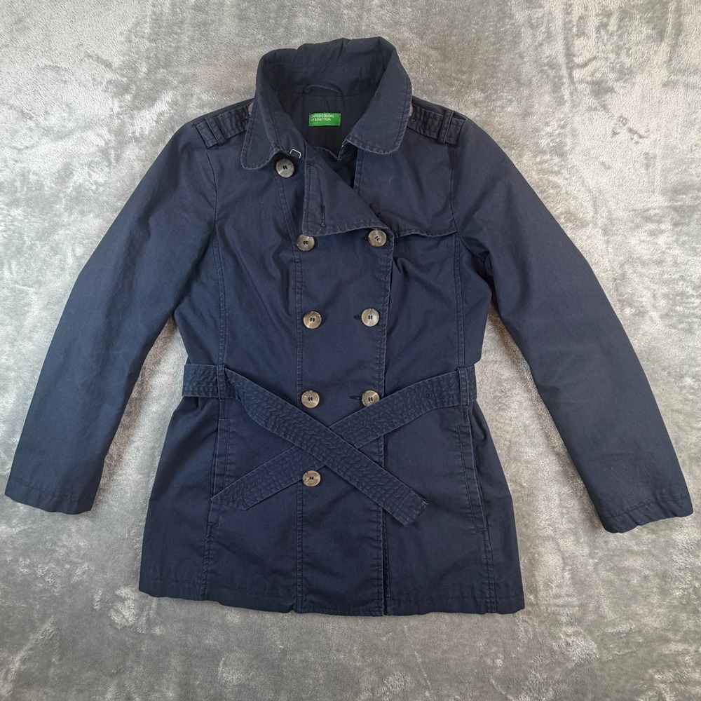 Vintage Double Breasted Jacket Benetton Navy Trench Y2K Womens US 8 EU 44 *FLAW